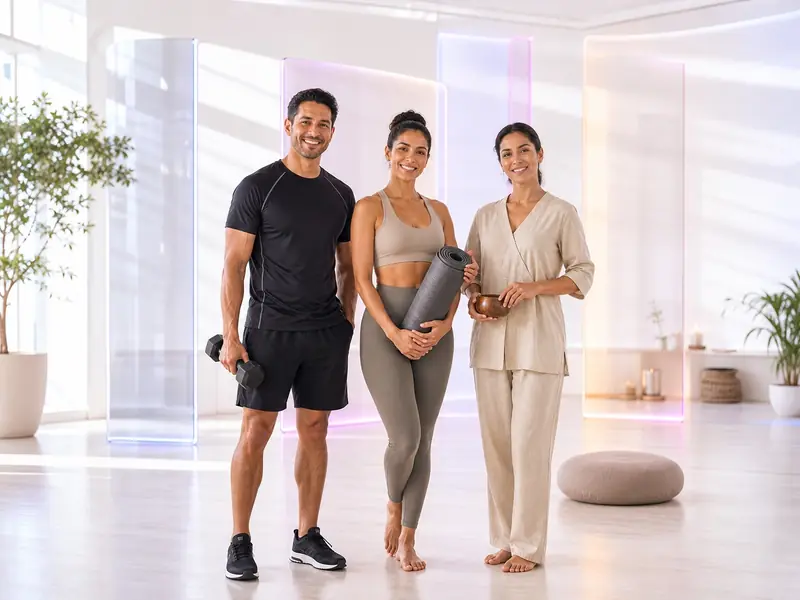 Entrenador personal, instructora de yoga y profesional de bienestar