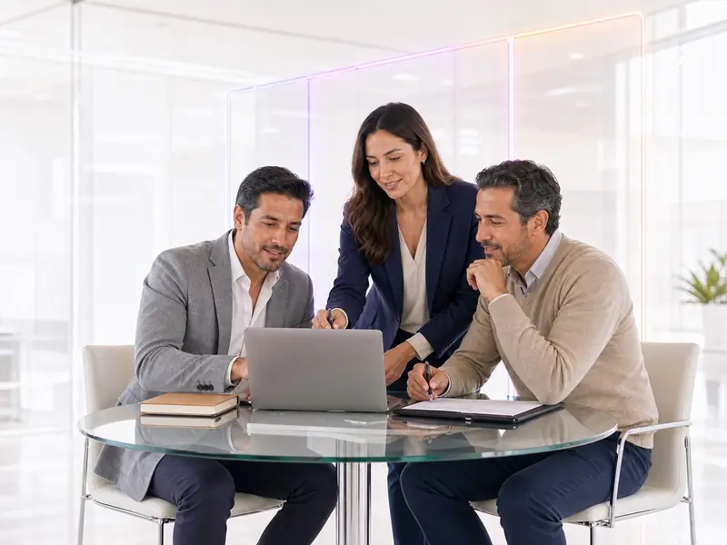 Consultores y asesores colaborando en una mesa de trabajo