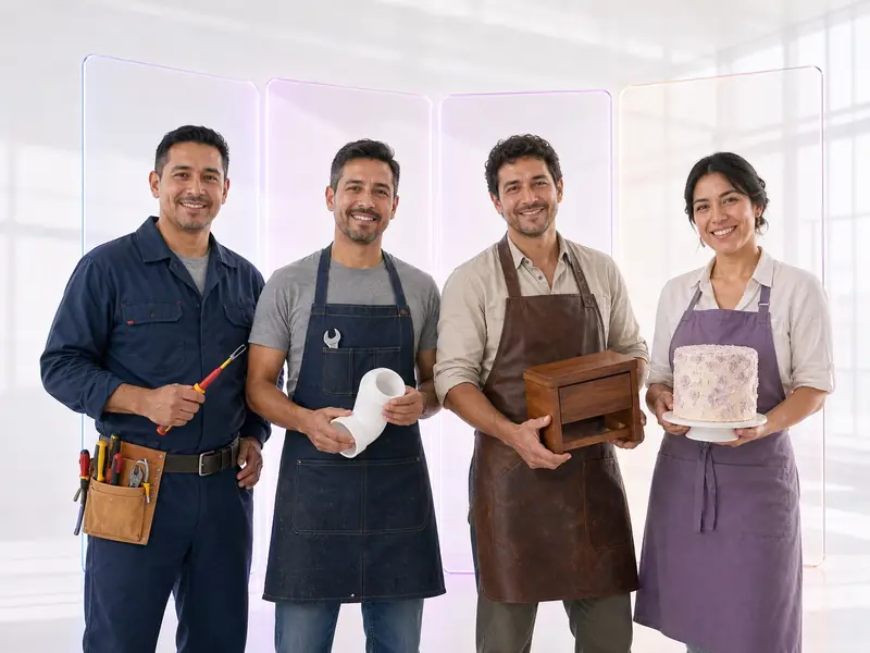 Electricista, fontanero, carpintero artesano y panadera mostrando su trabajo