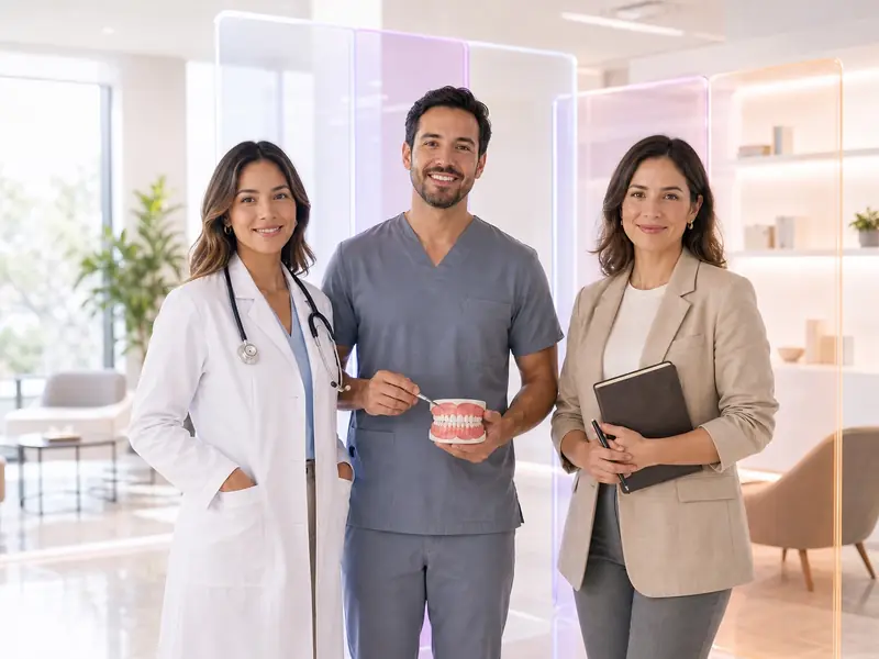 Profesionales de medicina, odontología y psicología en un espacio clínico luminoso